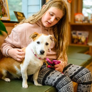 Dog and Girl in Our Lobby